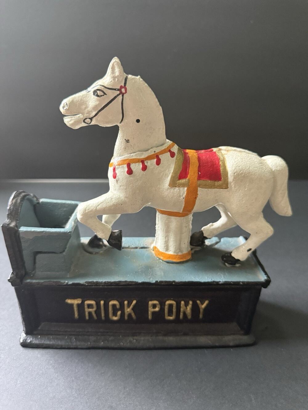 Vintage Trick Pony Circus Horse Cast Iron Mechanical Coin Bank Whimsy Equestrian